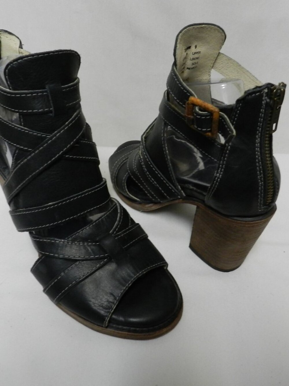 Freebird by Steven Black Leather Strappy Block Heel Sandals